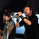 Fieldy and Jonathan Davis, wearing a Monster Energy-branded wristband, perform sweet lullabies.